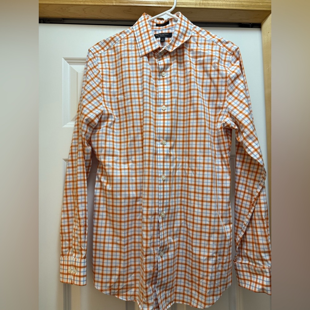 Banana Republic Men's Orange and White Plaid Shirt